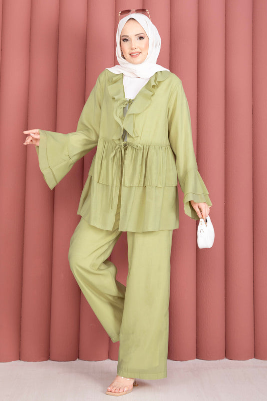 Önü Bağcık Detaylı Kolları Volanlı Kimono İkili Takım Yeşil Olive