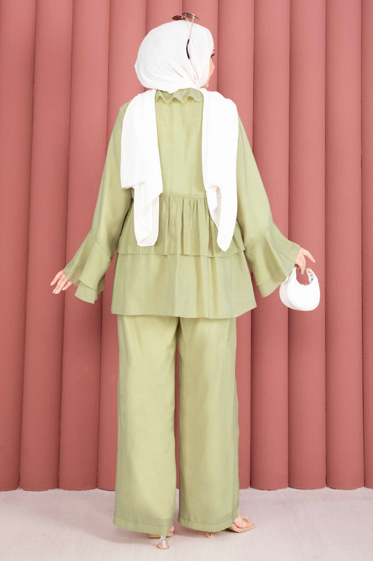 Önü Bağcık Detaylı Kolları Volanlı Kimono İkili Takım Yeşil Olive
