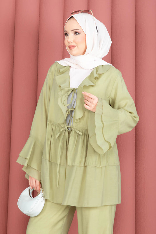 Önü Bağcık Detaylı Kolları Volanlı Kimono İkili Takım Yeşil Olive
