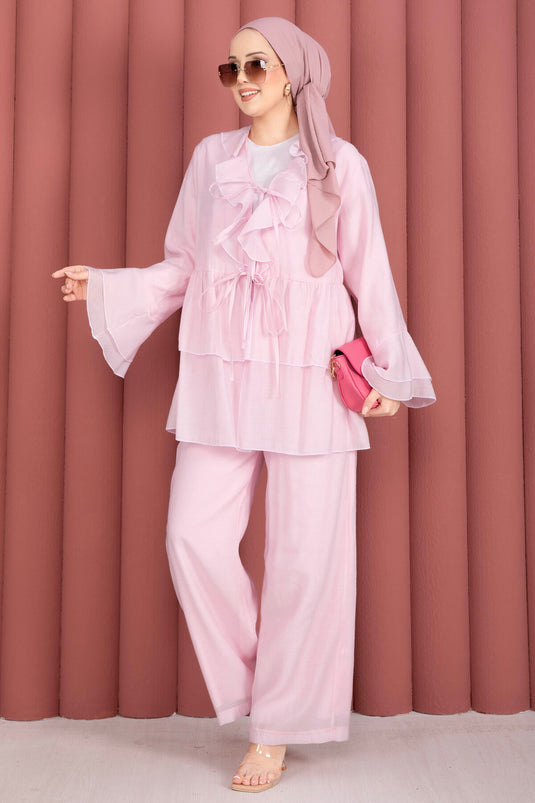 Pink Two-Piece Set with Front Tie Detail and Ruffled Sleeves Kimono