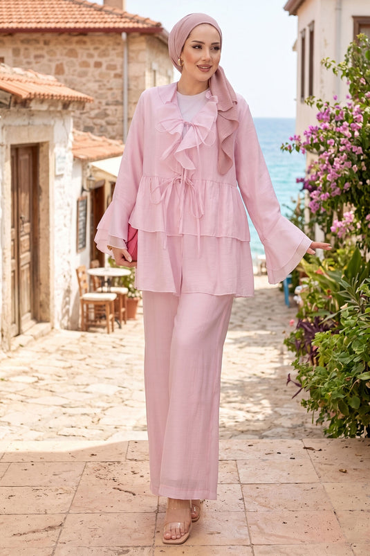 Pink Two-Piece Set with Front Tie Detail and Ruffled Sleeves Kimono