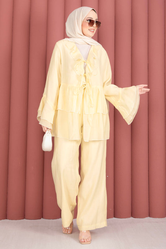 Yellow Two-Piece Set with Front Drawstring Detail and Ruffled Sleeves Kimono