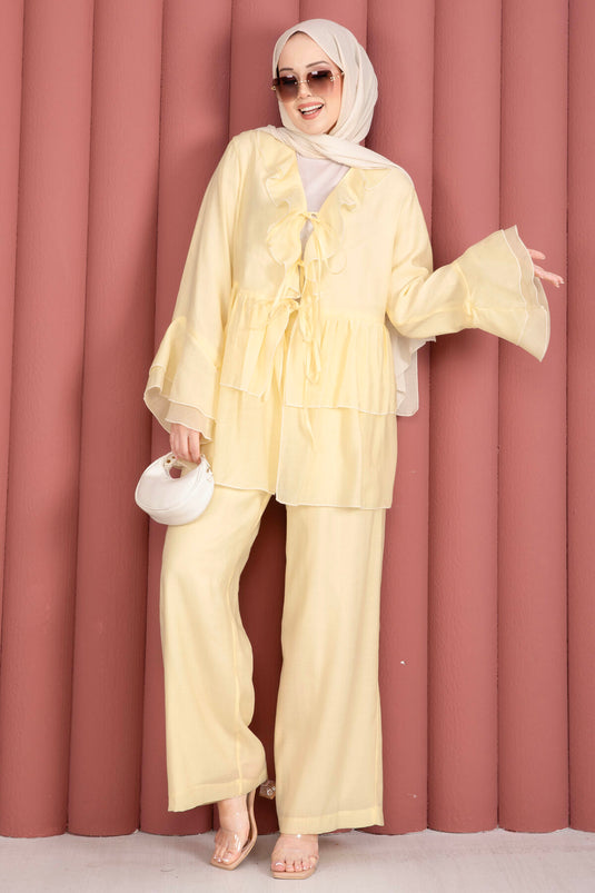Yellow Two-Piece Set with Front Drawstring Detail and Ruffled Sleeves Kimono