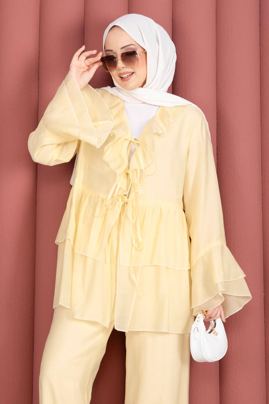 Yellow Two-Piece Set with Front Drawstring Detail and Ruffled Sleeves Kimono