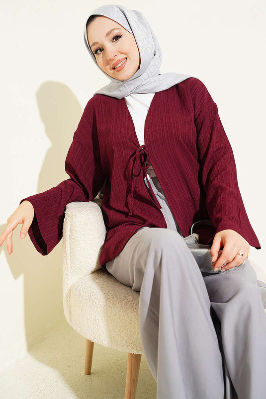 Önü Bağcıklı Ağaç Kabuğu Kimono Bordo