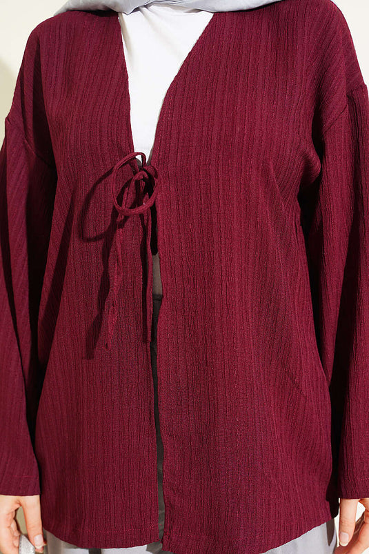 Önü Bağcıklı Ağaç Kabuğu Kimono Bordo
