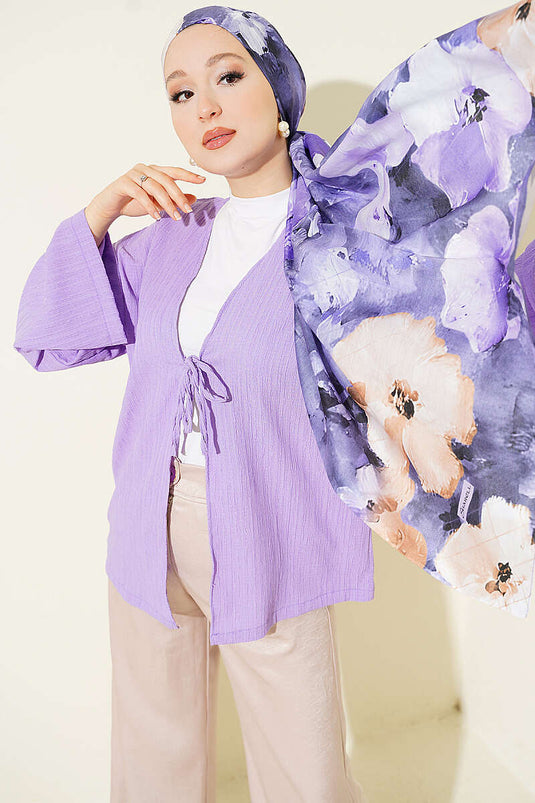 Önü Bağcıklı Ağaç Kabuğu Kimono Lila