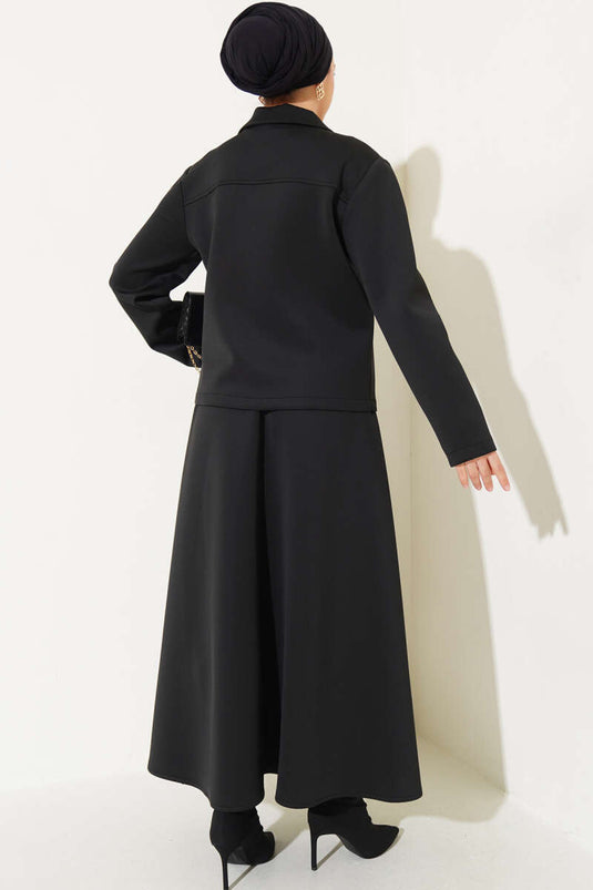 Costume double en néoprène avec veste et jupe en dentelle sur le devant Noir