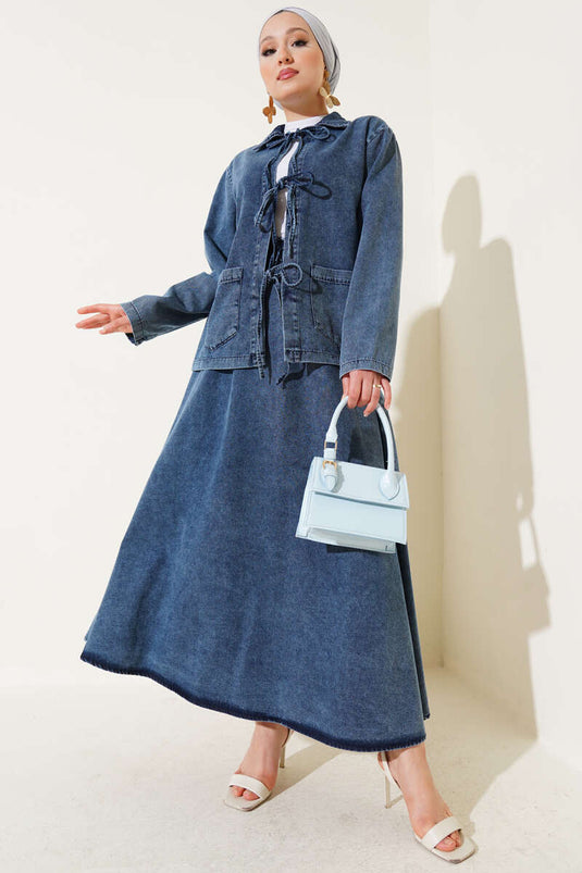 Önü Bağcıklı Cepli Etekli Kot Takım Kot Mavisi