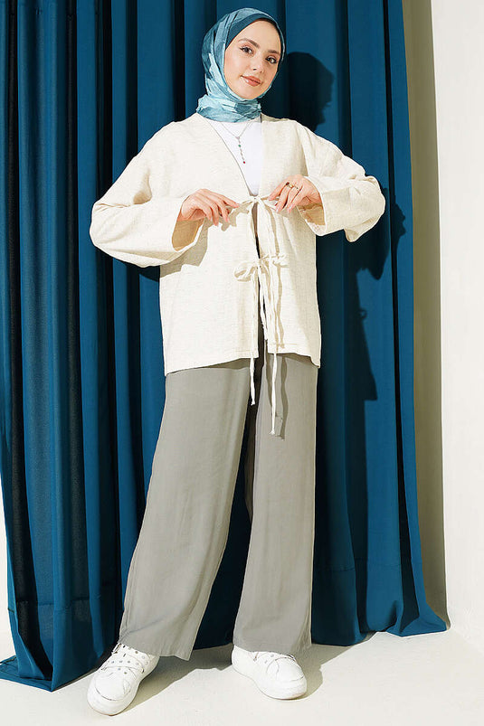 Önü Bağcıklı Detaylı Keten Kimono Bej