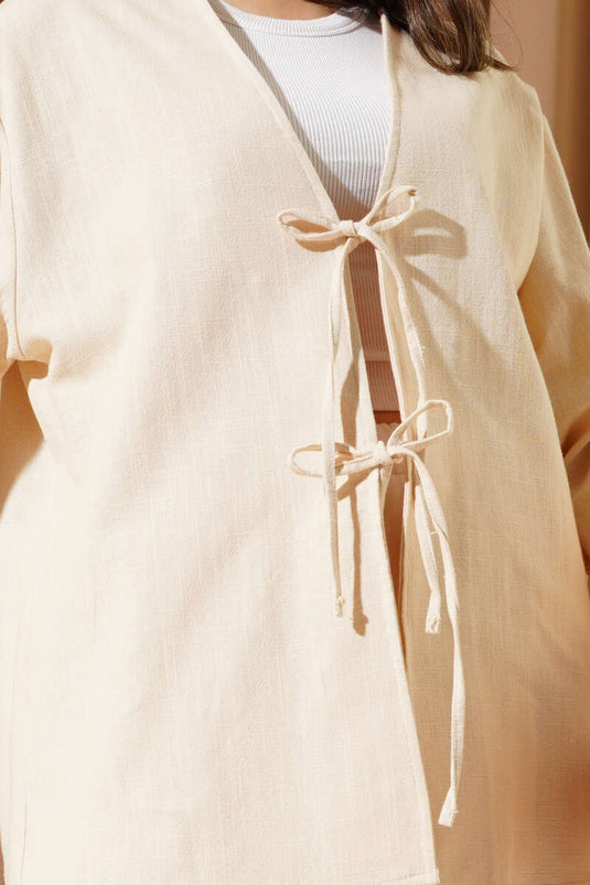 Lace Front Wide Sleeve Kimono Beige