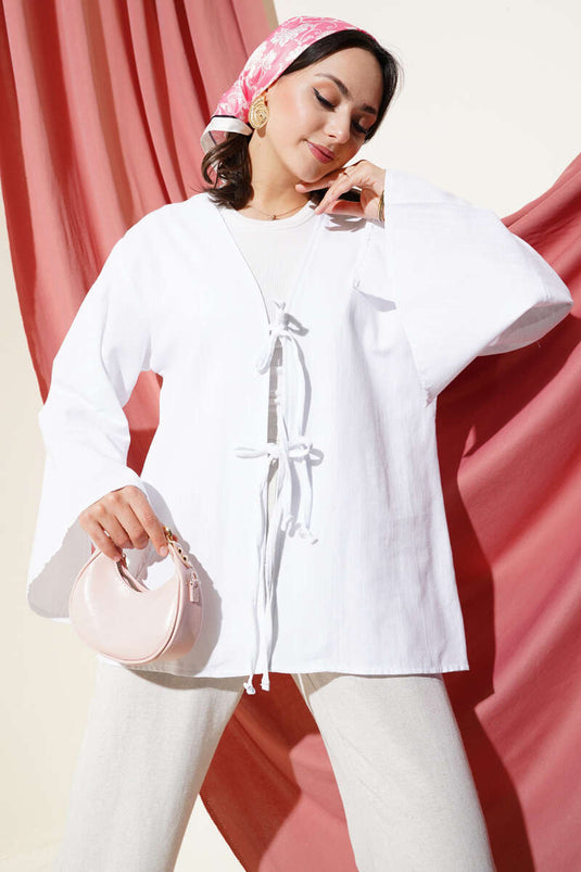 Lace Front Wide Sleeve Kimono White