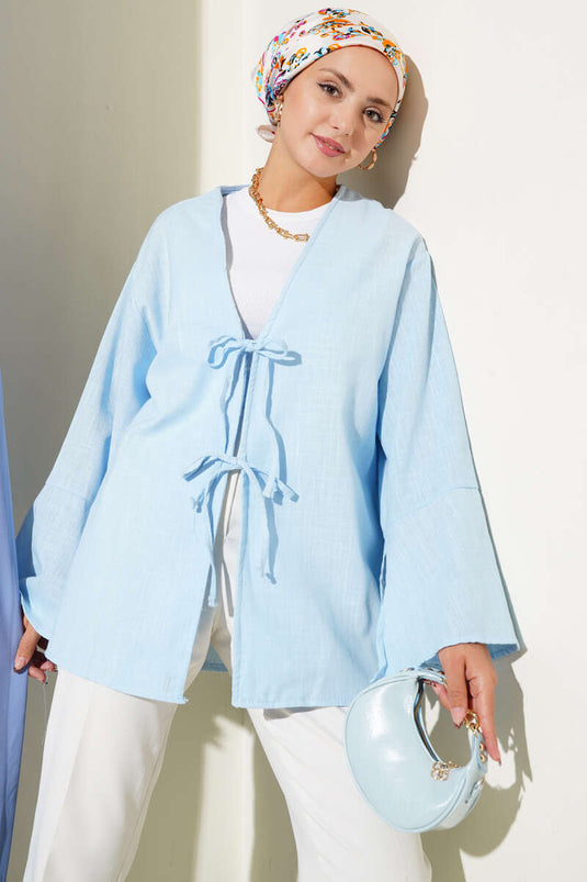 Lace-Front Wide Sleeve Kimono Sky Blue