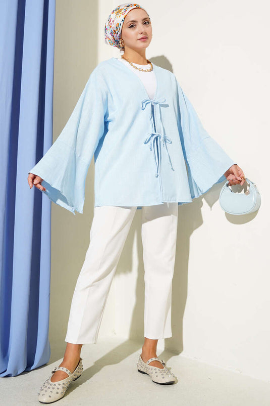 Lace-Front Wide Sleeve Kimono Sky Blue