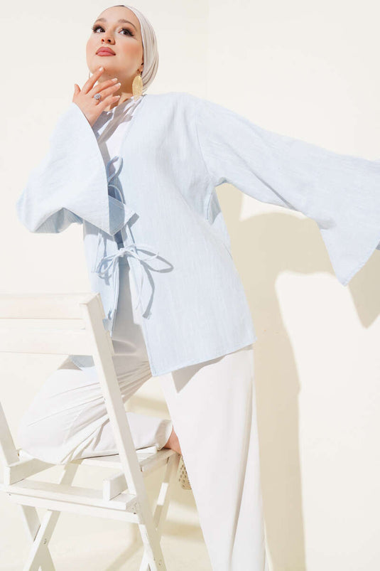 Önü Bağcıklı Geniş Kol Kimono Mavi
