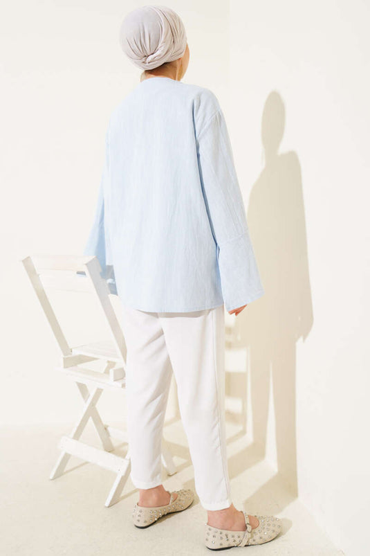 Önü Bağcıklı Geniş Kol Kimono Mavi