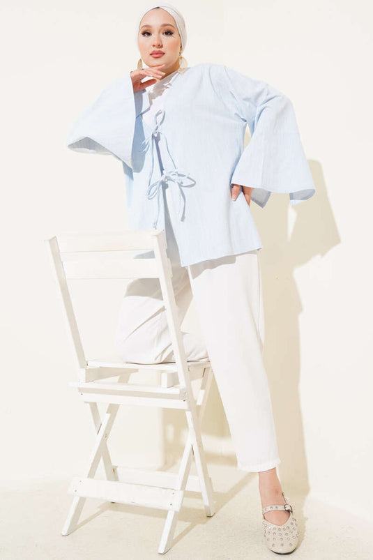 Önü Bağcıklı Geniş Kol Kimono Mavi