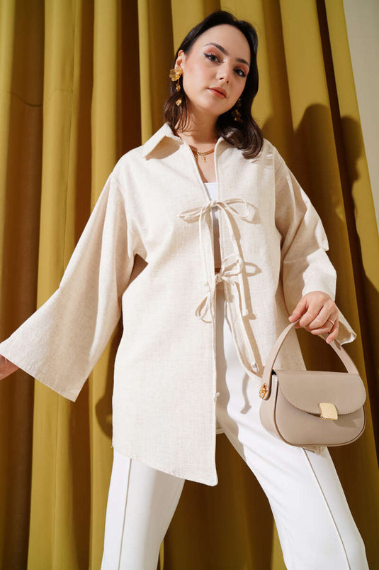 Lace Front Linen Kimono Beige