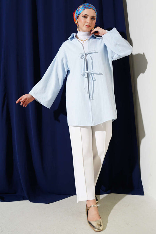 Lace Front Linen Kimono Blue