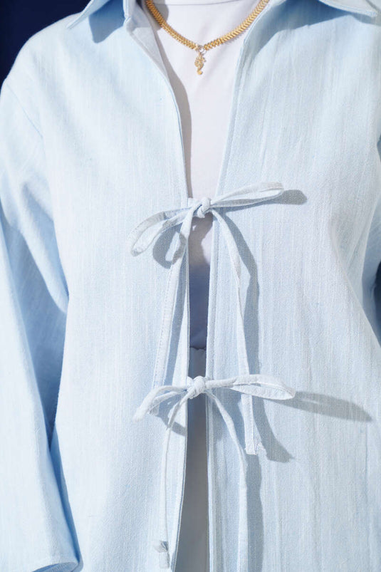 Lace Front Linen Kimono Blue