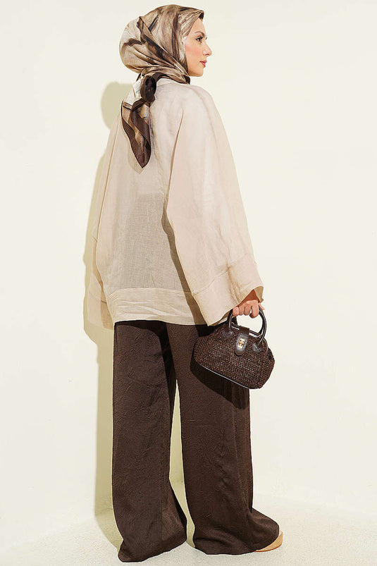 Önü Bağcıklı Oversize Tül Kimono Bej