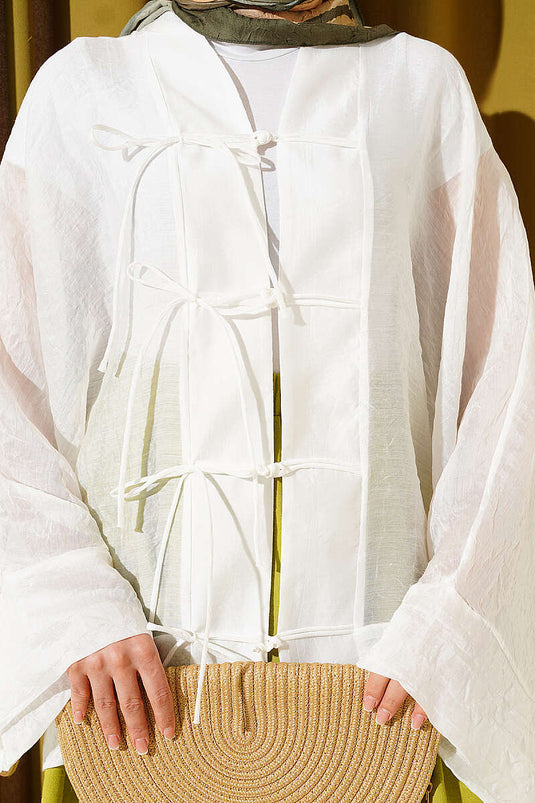 Önü Bağcıklı Oversize Tül Kimono Beyaz