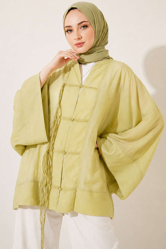 Önü Bağcıklı Oversize Tül Kimono Çağla Yeşili