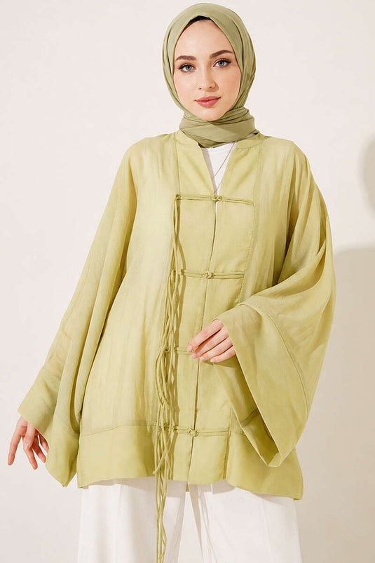 Önü Bağcıklı Oversize Tül Kimono Çağla Yeşili