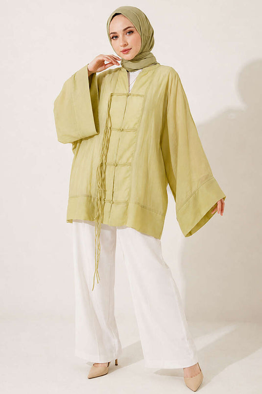Önü Bağcıklı Oversize Tül Kimono Çağla Yeşili