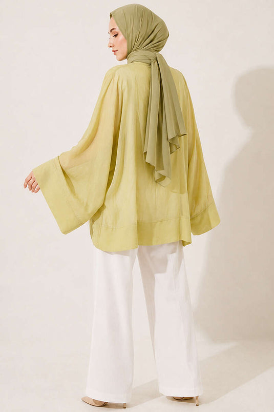 Önü Bağcıklı Oversize Tül Kimono Çağla Yeşili