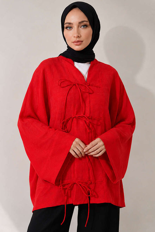 Önü Bağcıklı Oversize Tül Kimono Kırmızı
