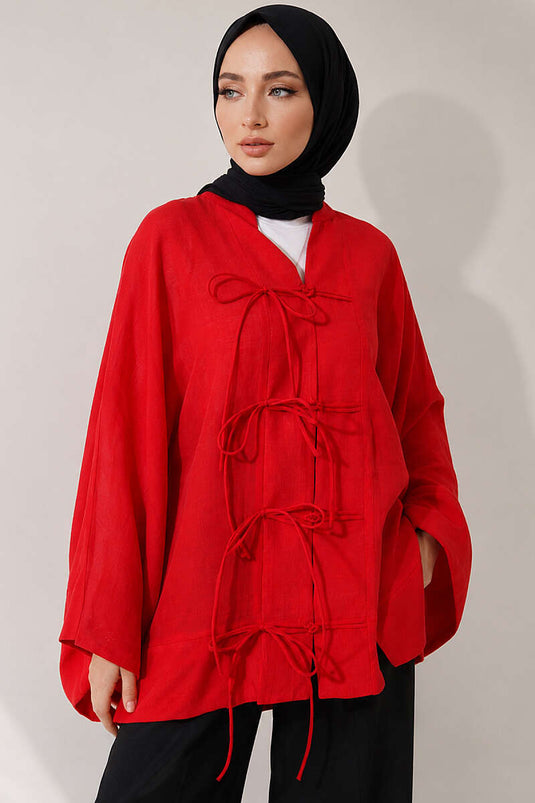 Önü Bağcıklı Oversize Tül Kimono Kırmızı