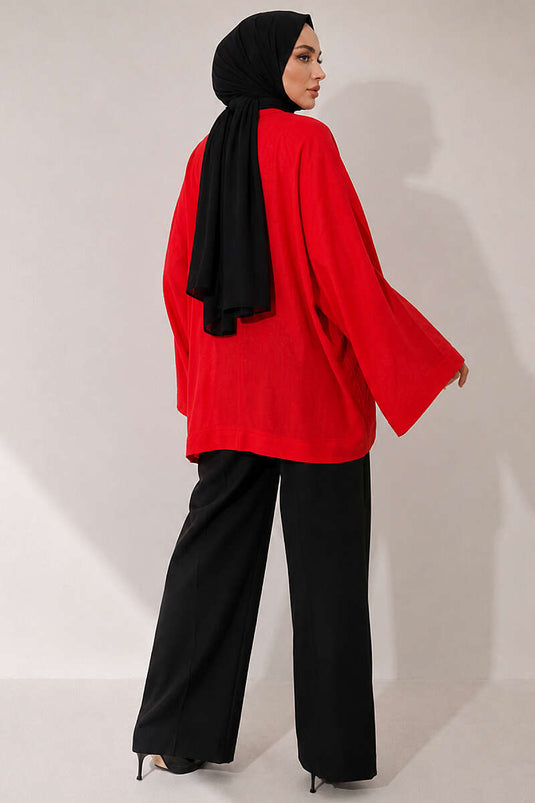 Önü Bağcıklı Oversize Tül Kimono Kırmızı