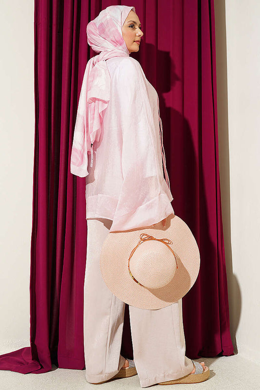 Önü Bağcıklı Oversize Tül Kimono Pembe