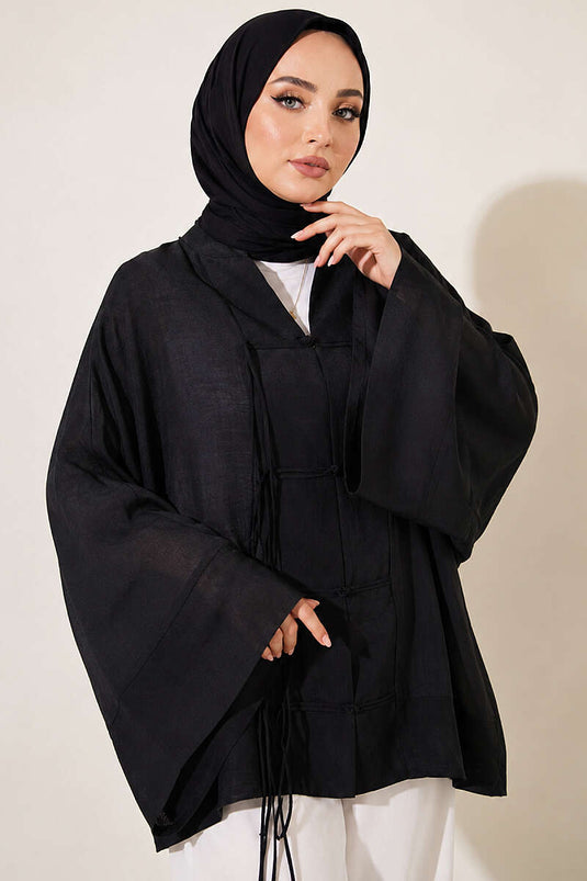 Önü Bağcıklı Oversize Tül Kimono Siyah