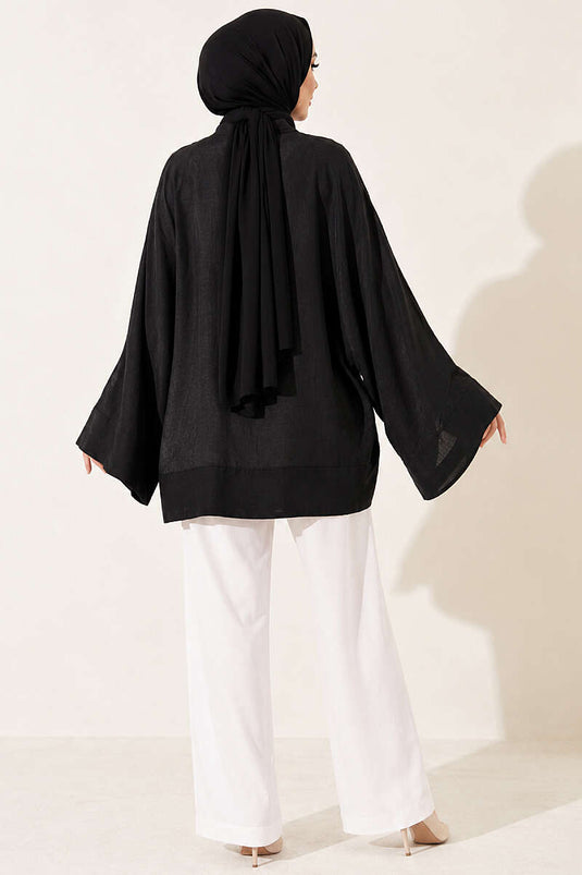 Önü Bağcıklı Oversize Tül Kimono Siyah
