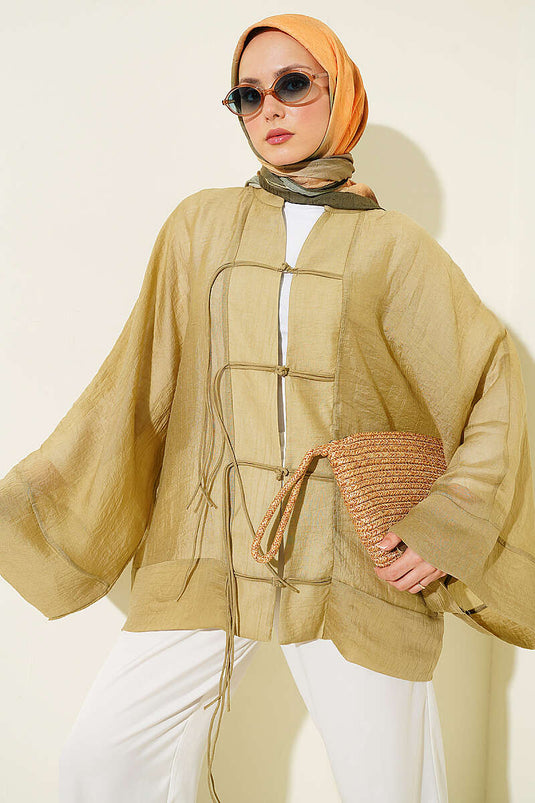 Önü Bağcıklı Oversize Tül Kimono Yağ Yeşili