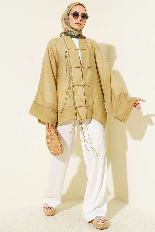 Önü Bağcıklı Oversize Tül Kimono Yağ Yeşili