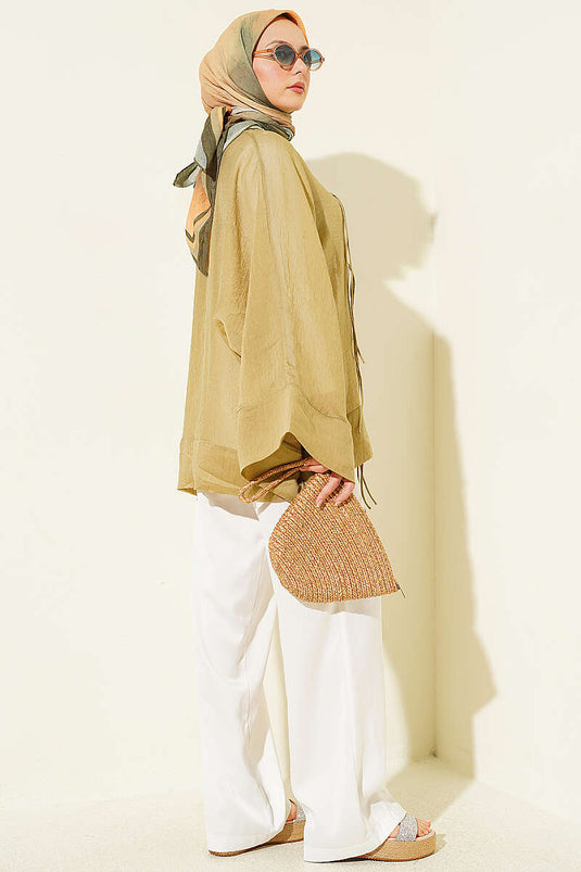 Önü Bağcıklı Oversize Tül Kimono Yağ Yeşili