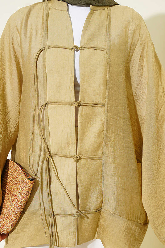 Önü Bağcıklı Oversize Tül Kimono Yağ Yeşili