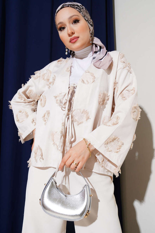 Önü Bağcıklı Püskül Detaylı Kimono Bej