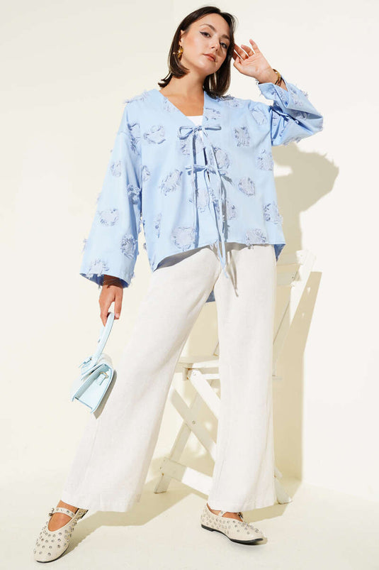 Lace Front Tassel Detailed Kimono Blue