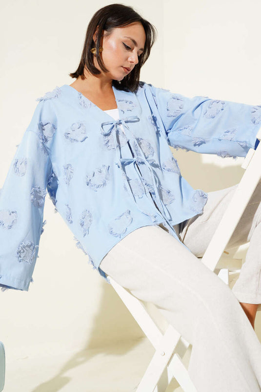 Lace Front Tassel Detailed Kimono Blue