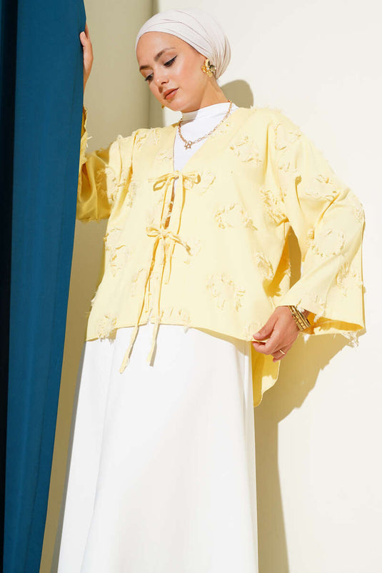 Lace Front Tassel Detailed Kimono Yellow