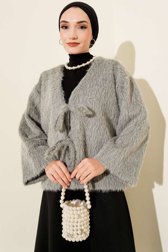 Önü Bağcıklı Sakallı Kısa Kimono Gri