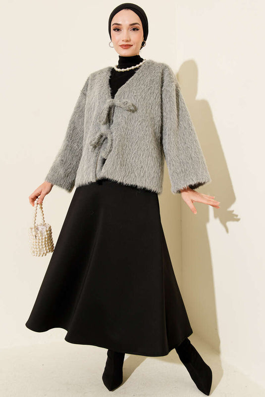 Önü Bağcıklı Sakallı Kısa Kimono Gri