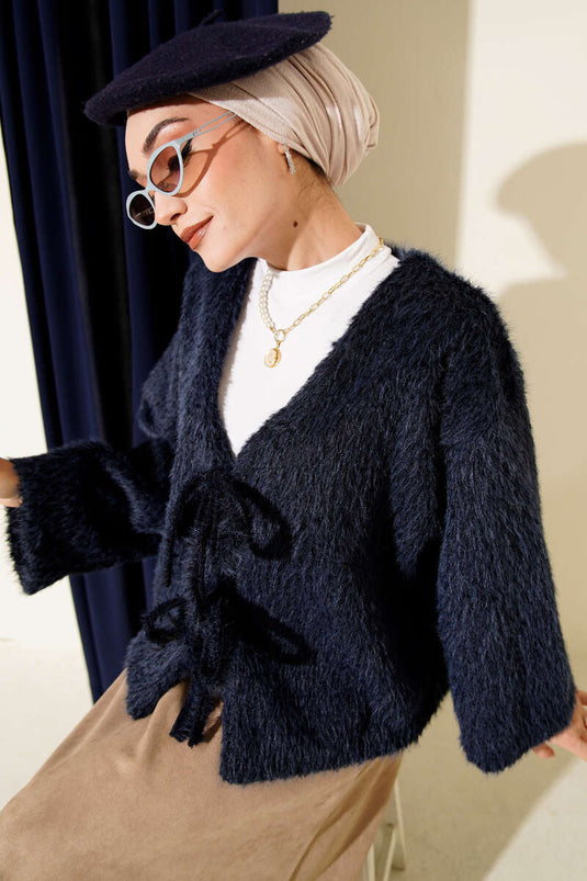 Önü Bağcıklı Sakallı Kısa Kimono Lacivert