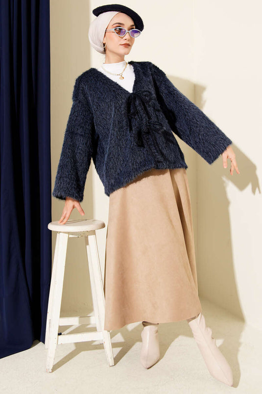 Önü Bağcıklı Sakallı Kısa Kimono Lacivert