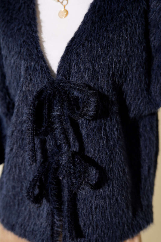 Önü Bağcıklı Sakallı Kısa Kimono Lacivert