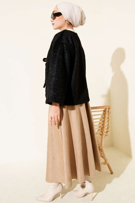 Önü Bağcıklı Sakallı Kısa Kimono Siyah